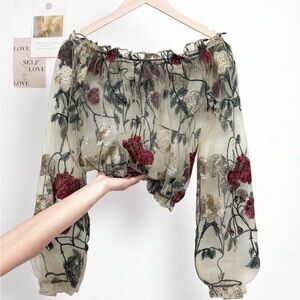 SHEIN Sheer Floral Embroidered Blouse
